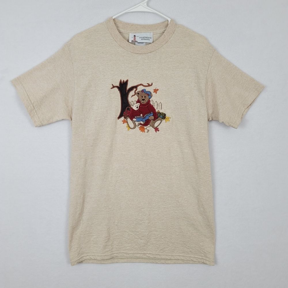 VTG Lighthouse Apparel Med. Fall Leaves Bear Embroidered T-shirt Short Sleeve